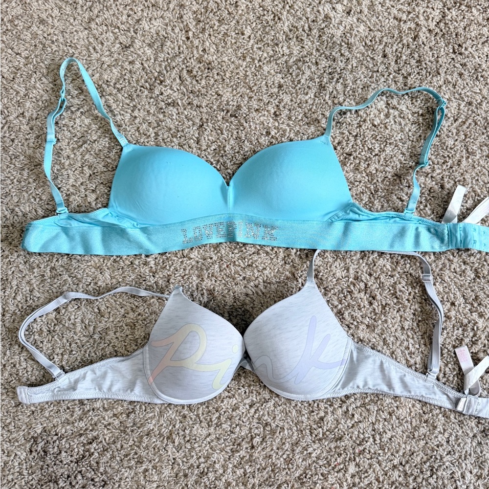 Victoria’s Secret PINK Bra Bundle 34B– Blue & Gray Logo Bras (2 Pack)